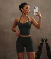 Professional dark grey yoga set featuring a halter neck top and fitness shorts - S / Top And Bottom / Dark Gray