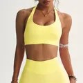 Set yoga giallo neon con reggiseno sportivo all'americana e leggings a vita alta - Giallo