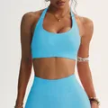 Set reggiseno sportivo a girocollo e leggings yoga a vita alta blu cielo senza cuciture premium - blu ghiacciaio