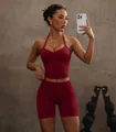 Burgundy halter neck yoga set with padded sports top and high-waisted gym shorts - S / Top And Bottom / Angola Red