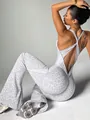 Sexy seamless leopard print yoga jumpsuit featuring a cross back and flare leg design - S / Set / Grayish White