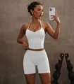 Premium white halter neck yoga set featuring a sports bra and high-waisted shorts - S / Top And Bottom / Pure White