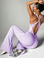 Sexy purple leopard print backless yoga jumpsuit featuring cross straps and flare legs - S / Set / Purple