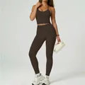 Women's two-piece yoga set with halter neck top and high-waist leggings in brown - S / Top And Bottom / Mocha Brown