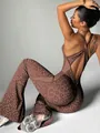 Brown leopard print seamless yoga jumpsuit with stylish crossover back and flared leg design - S / Set / Brown