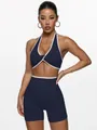 Completo yoga senza cuciture blu navy con bordi bianchi a contrasto e top incrociato - Taglia S / Parte Superiore e Parte Inferiore / Grigio