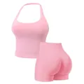 Women's pink seamless two-piece yoga fitness set with halter tank top and booty shorts - XS / Top And Bottom / Pink