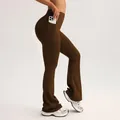 High-waisted brown flared yoga pants with side pockets for fitness and outdoor leisure - Brown