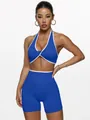 Set yoga senza cuciture blu cobalto con reggiseno a incrocio e pantaloncini fitness - Taglia S / Parte Superiore e Parte Inferiore / Blu zaffiro