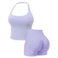 Seamless two-piece lavender workout set with halter tank top and high-waisted shorts - XS / Top And Bottom / Light Purple