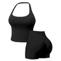 Black seamless two-piece yoga set with halter tank top and high-waisted shorts - XS / Top And Bottom / Black