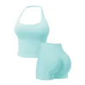 Completo fitness senza cuciture due pezzi con top all'americana e shorts aqua - Taglia S / Top E Pantaloni / Azzurro