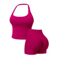 Two-piece seamless yoga set in magenta featuring halter neck top and high-waist shorts - XS / Top And Bottom / Rose Red