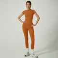 Women's two-piece orange yoga set featuring short sleeve top and high waist leggings - S / Top And Bottom / Orange