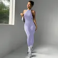Lavender halter neck yoga jumpsuit with a sexy skinny fit for gym and fitness - S / Dresses / Light Purple