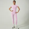 Pink two-piece yoga set with short-sleeved top and matching high-waisted leggings - S / Top And Bottom / Pink
