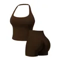 Set yoga due pezzi senza cuciture da donna marrone scuro con top halter e pantaloncini - XS / Top E Pantaloni / Marrone