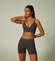 Women's dark grey seamless yoga set with deep V neck sports bra and high waist shorts - S / Top And Bottom / Espresso
