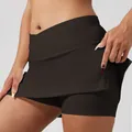 High-waist brown yoga skort with anti-exposure inner shorts for tennis and fitness. - S / Bottoms / Coffee