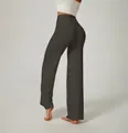 Hoch taillierte, dunkelgraue Yoga-Hose mit weitem Bein für Damen mit bequemer Passform - S / Unterteile / Maillard Kaffee Kariert