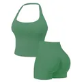 Set yoga senza cuciture verde salvia due pezzi con top allacciato al collo e pantaloncini - XS / Top E Pantaloni / Verde militare