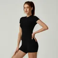 Ensemble de yoga noir deux pièces avec haut à manches courtes et short de sport pour fitness - S / Haut Et Bas / Noir