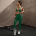 Seamless two-piece green yoga set featuring contrast trim sports bra and high waist leggings - XS / Top And Bottom / Dark Green