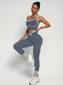 Slate blue two-piece yoga set with white trim and high-waist V-shaped sports leggings - S / Top And Bottom / Gray