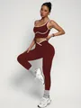 Elegant two-piece burgundy yoga set featuring sports bra and high-waist leggings with white piping - S / Top And Bottom / Burgundy