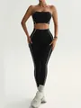 Women's black seamless yoga set featuring white piping tube top and high waist leggings - S / Top And Bottom / Black