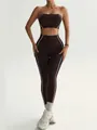 Two-piece dark brown seamless yoga set with white contrast piping and bandeau top - S / Top And Bottom / Brown