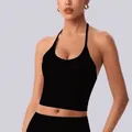 Hautfreundliches schwarzes Neckholder-Top und Yoga-Hose mit hohem Bund und Schlag - S / Oberteile / Schwarz