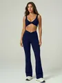 Navy blue two-piece yoga set with twist-front sports bra and high-waisted flared pants - S / Top And Bottom / Sapphire Blue