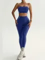 Electric blue seamless yoga set featuring contrast piping tube top and high waist leggings - Navy Blue