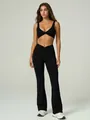 High-waist black yoga set including twist-front sports bra and flared gym leggings - S / Top And Bottom / Black