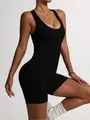 Black sleeveless yoga jumpsuit with ribbed texture and scoop neck for women - S / Top And Bottom / Black