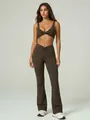 Two-piece dark brown yoga set featuring a twist-front sports bra and flare leggings. - S / Top And Bottom / Brown