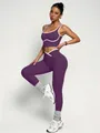 Set yoga viola due pezzi con reggiseno sportivo a contrasto e leggings a vita alta - Viola
