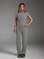 Premium two-piece grey yoga set featuring a short sleeve top and straight leg lounge pants - S / Top And Bottom / Light Gray
