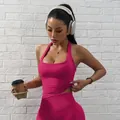 Completo sportivo fucsia senza cuciture con reggiseno halter e leggings da yoga per fitness - XS / Top E Pantaloni / Rosso rosa