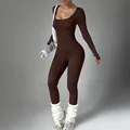 Slim fit brown ribbed long sleeve yoga jumpsuit with thumbholes and deep scoop neckline. - XS / Top And Bottom / Coffee