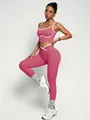 Set yoga rosa due pezzi con reggiseno sportivo e leggings a vita alta con bordi bianchi - Rosso rosa