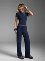 Navy blue two-piece yoga set with slim short sleeve top and wide-leg drawstring pants. - S / Top And Bottom / Navy Blue