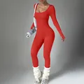 Red long-sleeve ribbed yoga bodysuit for women one-piece fitness jumpsuit slim fit - S / Top And Bottom / Orange
