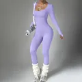 Combinaison de yoga une pièce violette à manches longues côtelée pour le sport - Violet