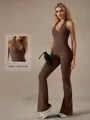 Brown lace V-neck halter yoga jumpsuit with flared legs and tummy control detail. - S / Set / Brown