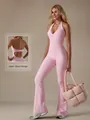 Pink lace V-neck halter yoga jumpsuit with stylish open back and flared leg design - XL / Set / Pink