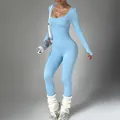 Combinaison de yoga bleue à manches longues côtelée et moulante avec passe-pouces pour femme - Aqua