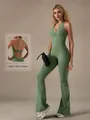 Sage green lace V-neck halter yoga jumpsuit with open-back design and flared legs - S / Set / Green