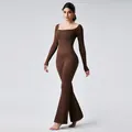 Full length brown ribbed long sleeve yoga jumpsuit with flare legs for gym and fitness - S / Set / Coffee